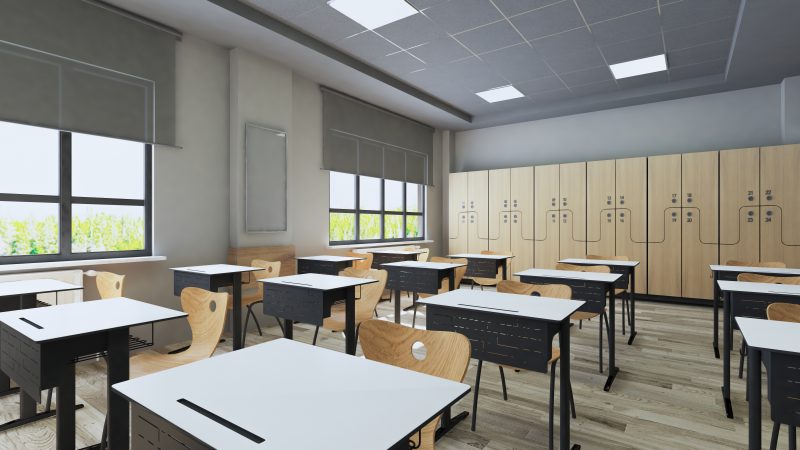 Classroom,Design,With,Modern,Desks,,Seats,And,Wardrobe,3d,Rendering